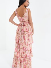 Quiz Pink Multi Chiffon Floral Wrap Tiered Maxi Dress - Image 4 of 5