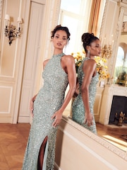 Quiz Aqua Blue Sequin High Neck Split Let Maxi Dress - Image 1 of 5