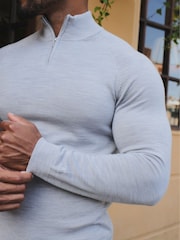 Tailored Athlete Light Grey Muscle Fit Extra Fine Merino Wool Half Zip Neck Jumper - Image 3 of 6