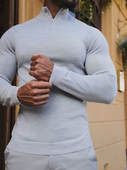 Tailored Athlete Light Grey Muscle Fit Extra Fine Merino Wool Half Zip Neck Jumper - Image 5 of 6