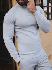 Tailored Athlete Light Grey Muscle Fit Extra Fine Merino Wool Half Zip Neck Jumper - Image 6 of 6