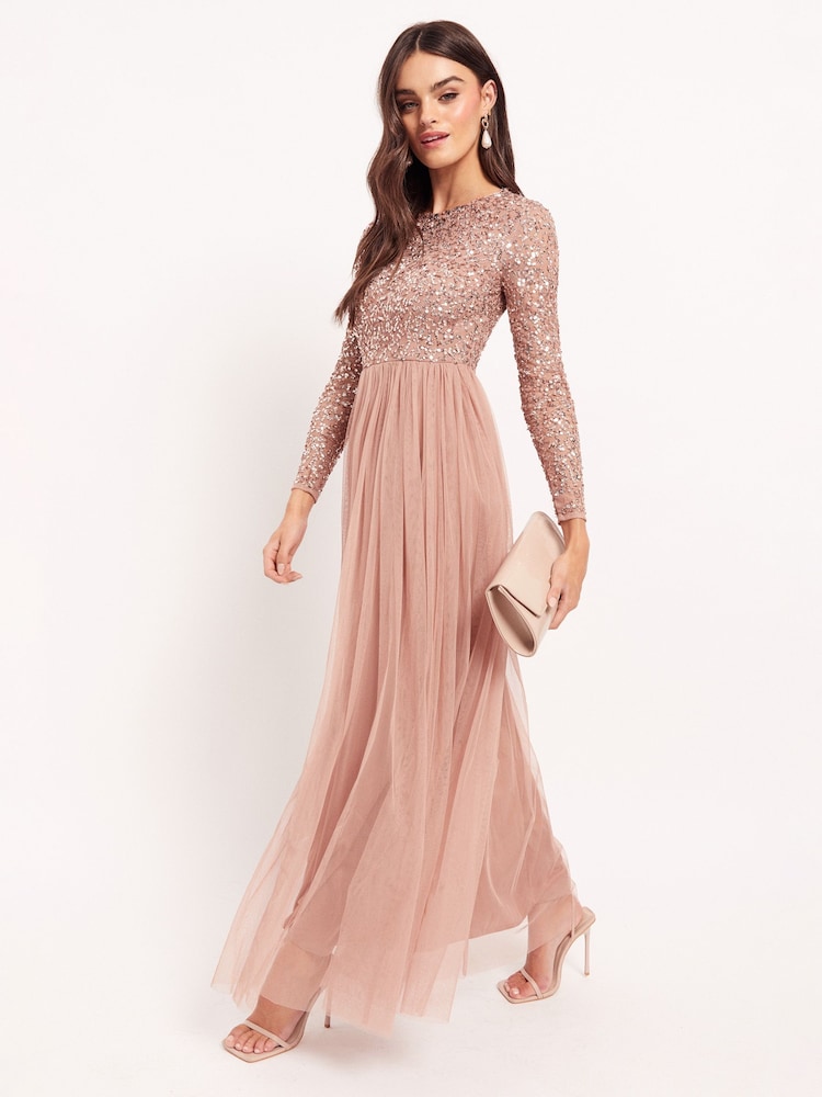 Maya Pink Embellished Long Sleeve Maxi Dress - Image 1 of 4 Maya Pink Embellished Long Sleeve Maxi Dress - Image 1 of 4