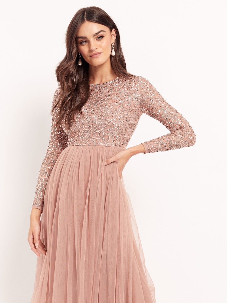 Maya Pink Embellished Long Sleeve Maxi Dress - Image 2 of 4 Maya Pink Embellished Long Sleeve Maxi Dress - Image 2 of 4