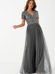 Maya Charcoal V Neck Short Sleeve Sequin Maxi Dress - Image 1 of 4