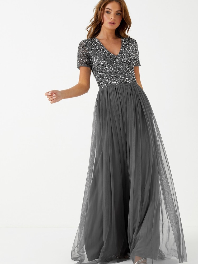 Maya Charcoal V Neck Short Sleeve Sequin Maxi Dress - Image 1 of 4
