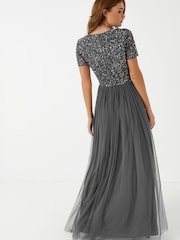 Maya Charcoal V Neck Short Sleeve Sequin Maxi Dress - Image 2 of 4