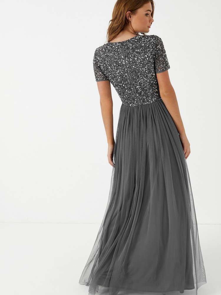 Maya Charcoal V Neck Short Sleeve Sequin Maxi Dress - Image 2 of 4