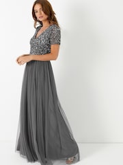 Maya Charcoal V Neck Short Sleeve Sequin Maxi Dress - Image 4 of 4