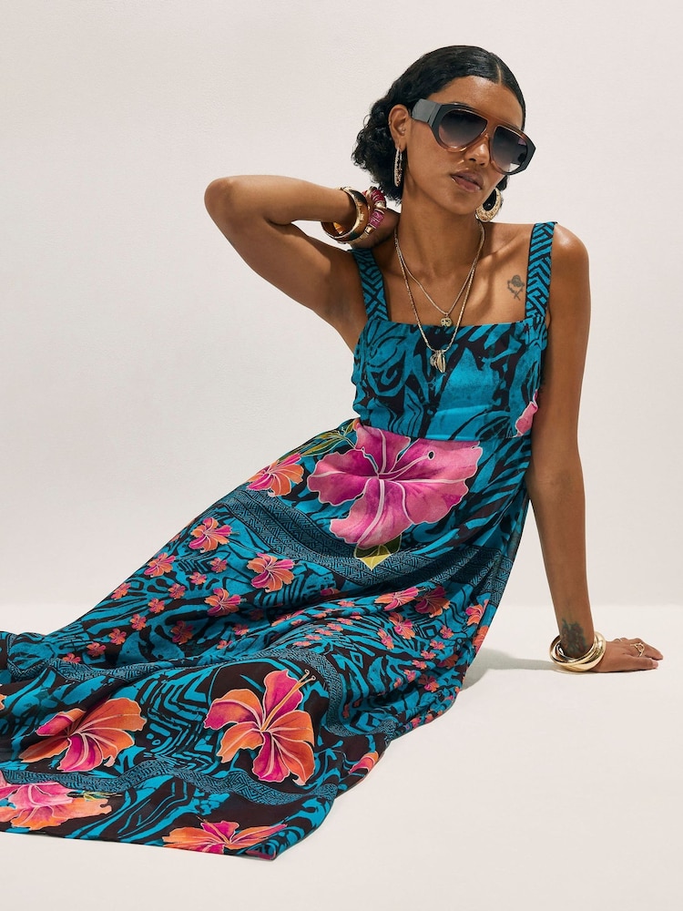 floral maxi dress river island Blue Floral Shirred Maxi Beach Dress