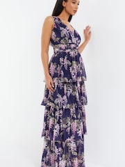 Quiz Blue Multi Chiffon Floral Wrap Tiered Maxi Dress - Image 3 of 5
