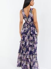Quiz Blue Multi Chiffon Floral Wrap Tiered Maxi Dress - Image 4 of 5