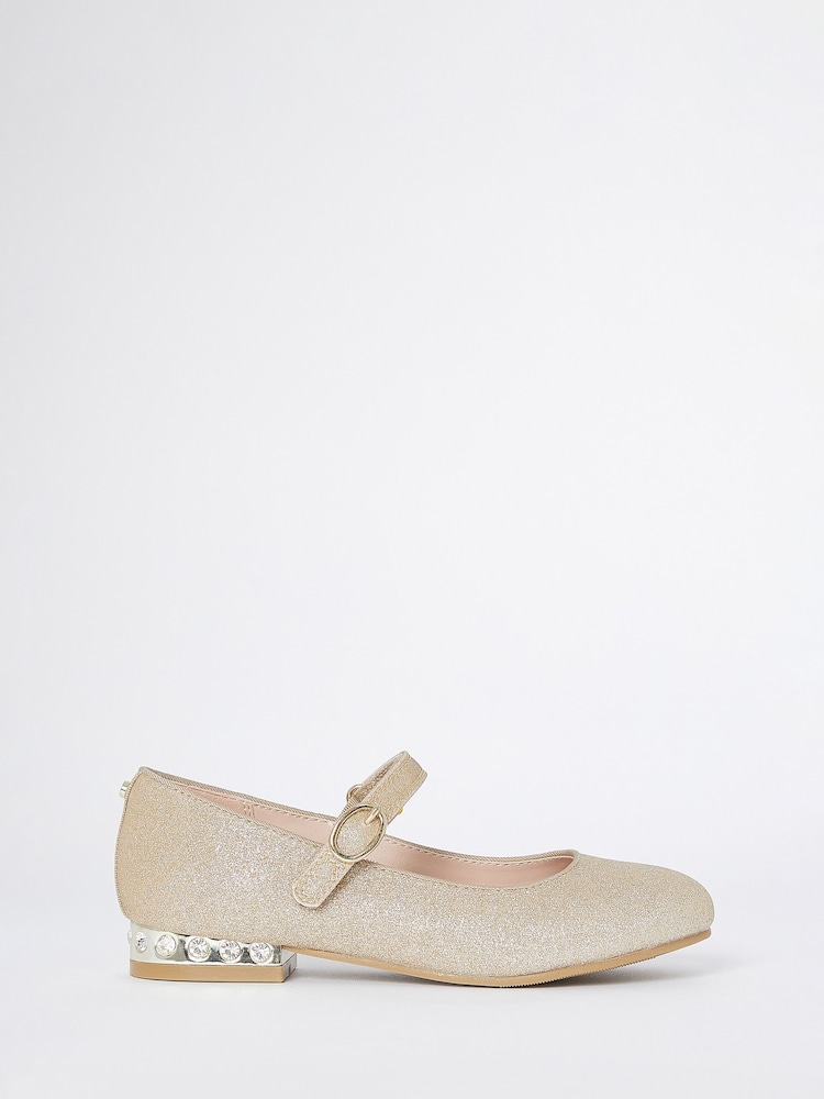 Lipsy Gold Occasion Embellished Mary Jane Ballerina - Image 1 of 4