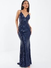 Quiz Blue Sequin V - Neck Strap Fishtail Maxi Dress - Image 1 of 5