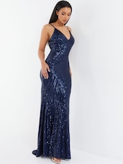 Quiz Blue Sequin V - Neck Strap Fishtail Maxi Dress - Image 3 of 5