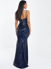 Quiz Blue Sequin V - Neck Strap Fishtail Maxi Dress - Image 4 of 5
