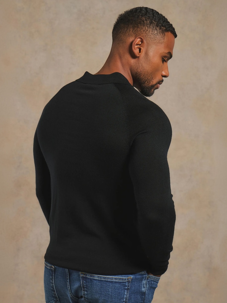 Tailored Athlete Black Muscle Fit Extra Fine Merino Wool Polo Shirt - Image 2 of 6 Tailored Athlete Black Muscle Fit Extra Fine Merino Wool Polo Shirt - Image 2 of 6