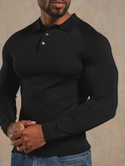 Tailored Athlete Black Muscle Fit Extra Fine Merino Wool Polo Shirt - Image 4 of 6