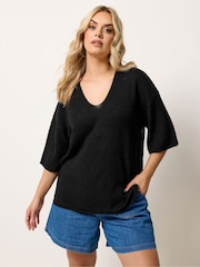 Yours Curve Black Short Sleeve Knitted T-Shirt - Image 1 of 5