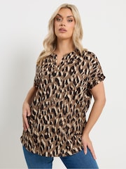 Yours Curve Brown Textured Leopard Print Notch Neck Top - Image 1 of 4