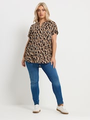 Yours Curve Brown Textured Leopard Print Notch Neck Top - Image 2 of 4