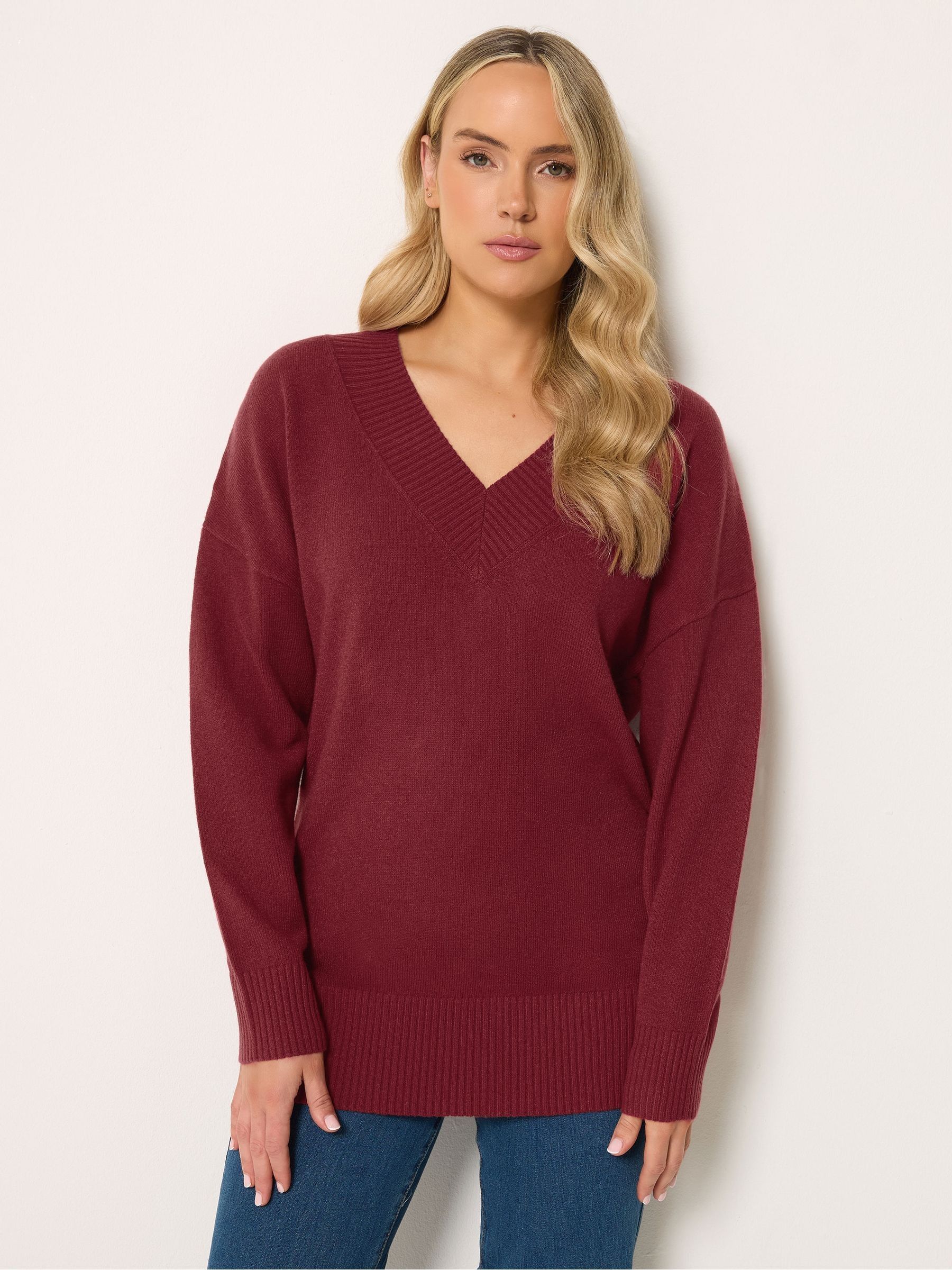 Long Tall Sally Women's Burgundy Tall V-Neck Knitted Jumper In | : 8/10 - Image 2