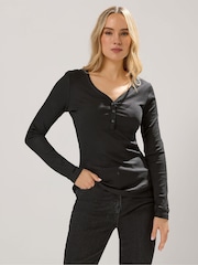 Long Tall Sally Black Cotton Ribbed Henley Top - Image 1 of 4