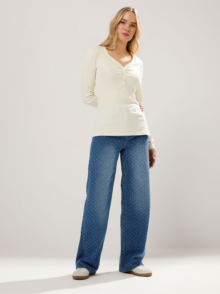 Long Tall Sally Cream Cotton Ribbed Henley Top - Image 2 of 5 Long Tall Sally Cream Cotton Ribbed Henley Top - Image 2 of 5
