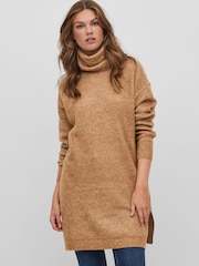 VILA Camel Roll Neck Knitted Dress - Image 1 of 5