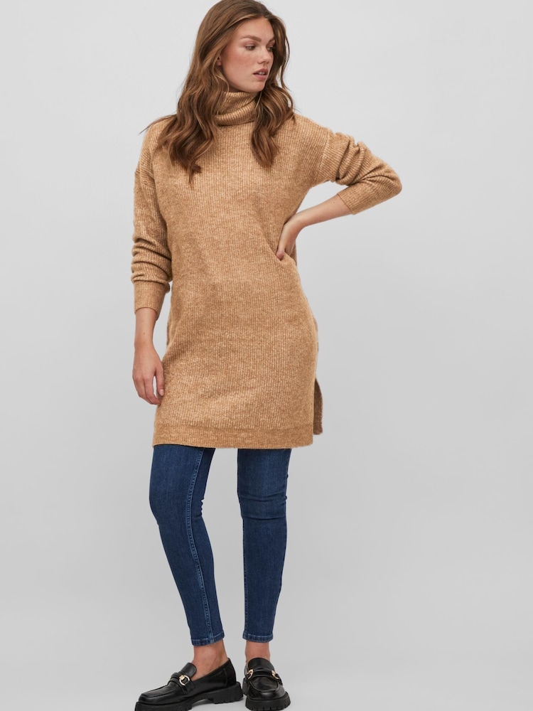 VILA Camel Roll Neck Knitted Dress - Image 2 of 5
