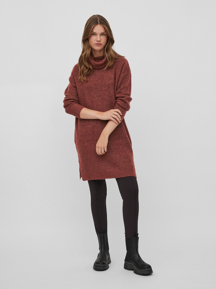 VILA Rust Roll Neck Knitted Dress - Image 2 of 5