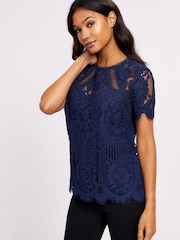 Lipsy Navy Regular Premium Lace Short Sleeve Top - Image 1 of 4