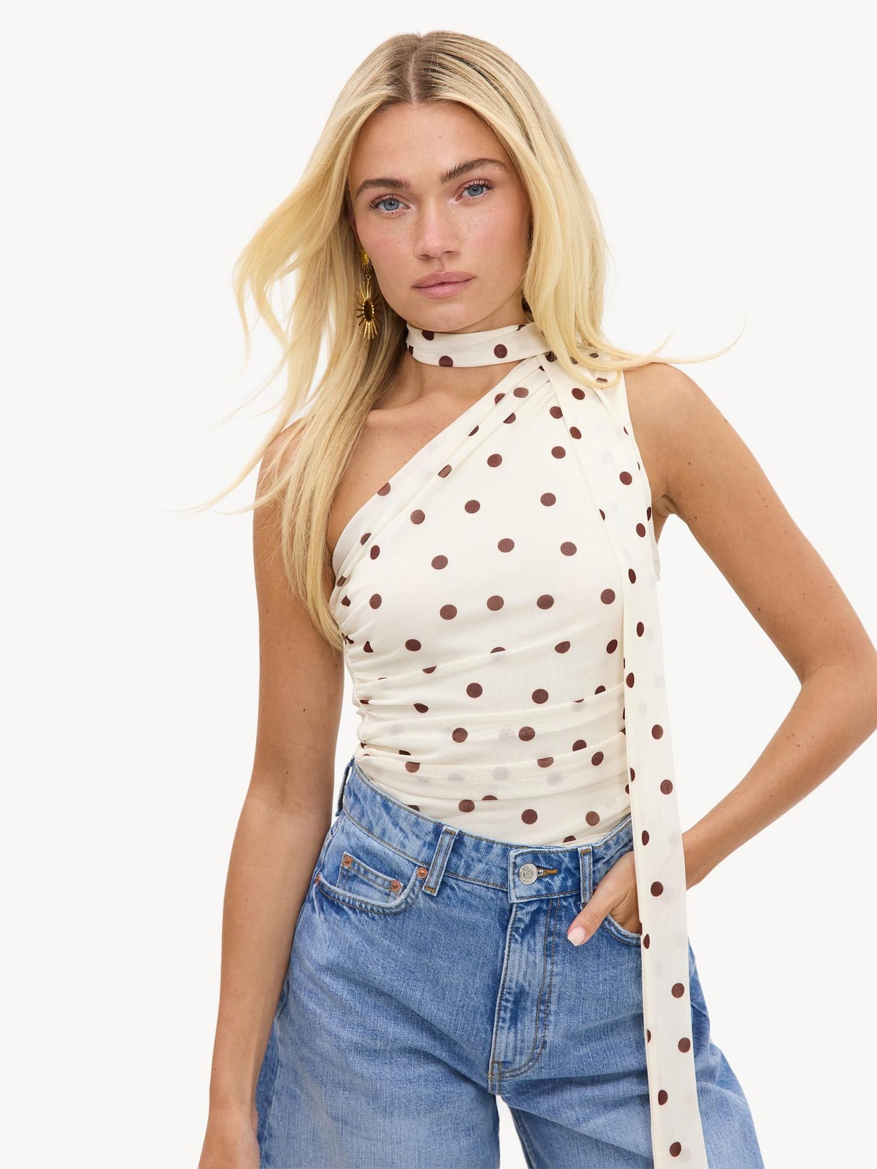 Buy LOAVIES White Painted Skies Off-White Top With Brown Polka