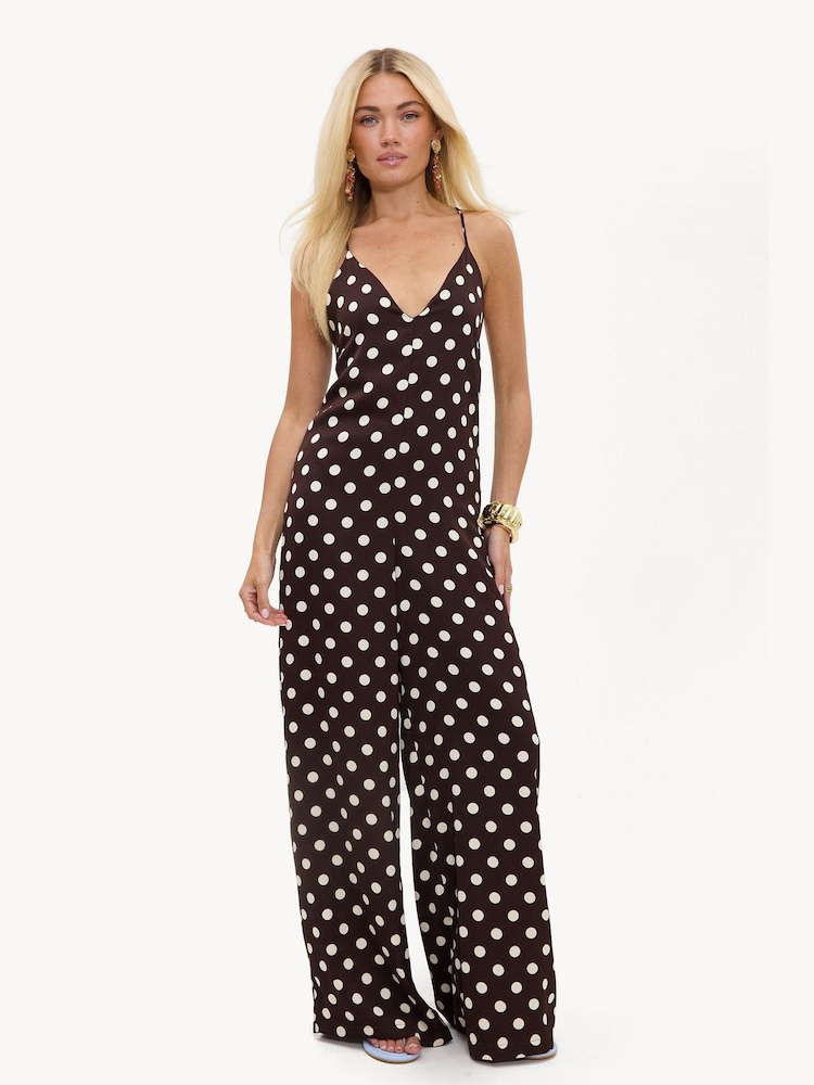 LOAVIES Needing You Close Brown Jumpsuit With Off-White Polka Dots - 圖片 1，共 4