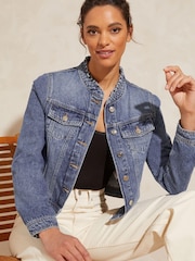 Love & Roses Mid Wash Ruffle Collar Denim Jacket - Image 1 of 4