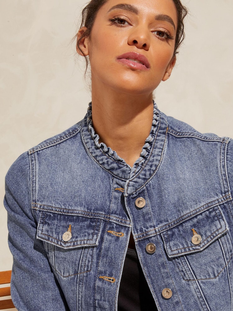 Love & Roses Mid Wash Ruffle Collar Denim Jacket - Image 2 of 4