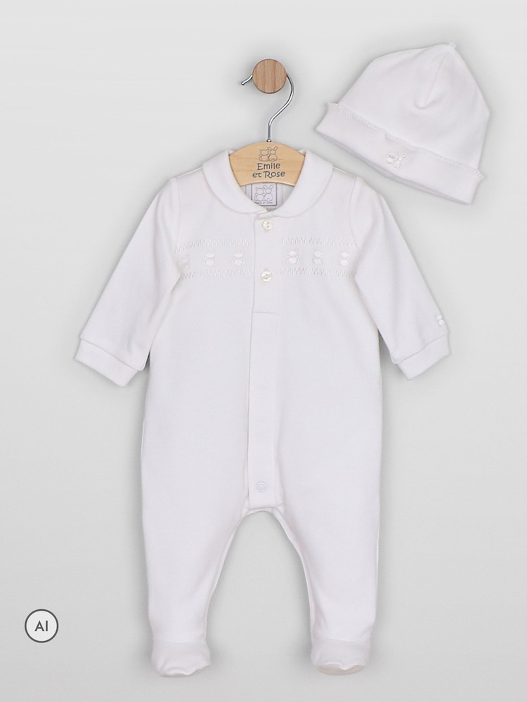 Emile Et Rose White Jesse - Front Opening All In One with teddy embroidery & Hat - Image 2 of 4 Emile Et Rose White Jesse - Front Opening All In One with teddy embroidery & Hat - Image 2 of 4