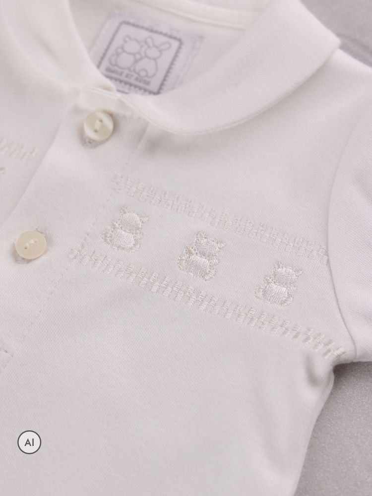 Emile Et Rose White Jesse - Front Opening All In One with teddy embroidery & Hat - Image 4 of 4 Emile Et Rose White Jesse - Front Opening All In One with teddy embroidery & Hat - Image 4 of 4