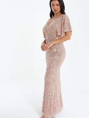 Quiz Pink Sequin V Neck Batwing Maxi Dress - Image 4 of 5