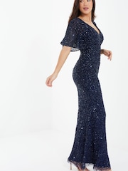 Quiz Navy Blue Sequin V Neck Batwing Maxi Dress - Image 3 of 4