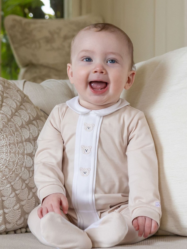 Emile Et Rose Natural Miles - All-In-One With Pleated Mock Front Opening & Bear Embroidery - Image 1 of 4 Emile Et Rose Natural Miles - All-In-One With Pleated Mock Front Opening & Bear Embroidery - Image 1 of 4