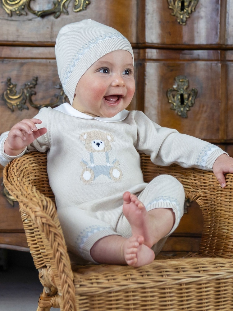Emile Et Rose Natural Milo - Knitted All-In-One With Large Teddy Motif & Hat - Image 1 of 4 Emile Et Rose Natural Milo - Knitted All-In-One With Large Teddy Motif & Hat - Image 1 of 4