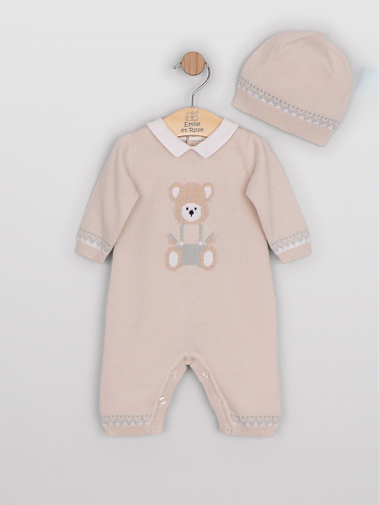 Emile Et Rose Natural Milo - Knitted All-In-One With Large Teddy Motif & Hat - Image 2 of 4 Emile Et Rose Natural Milo - Knitted All-In-One With Large Teddy Motif & Hat - Image 2 of 4