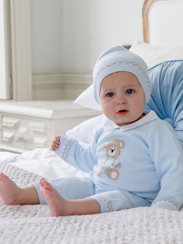 Emile Et Rose Blue Milo - Knitted All-In-One With Large Teddy Motif & Hat - Image 1 of 4 Emile Et Rose Blue Milo - Knitted All-In-One With Large Teddy Motif & Hat - Image 1 of 4