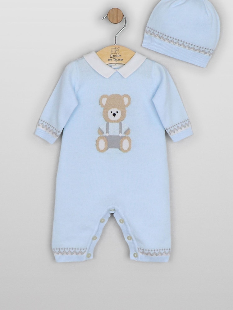 Emile Et Rose Blue Milo - Knitted All-In-One With Large Teddy Motif & Hat - Image 2 of 4 Emile Et Rose Blue Milo - Knitted All-In-One With Large Teddy Motif & Hat - Image 2 of 4