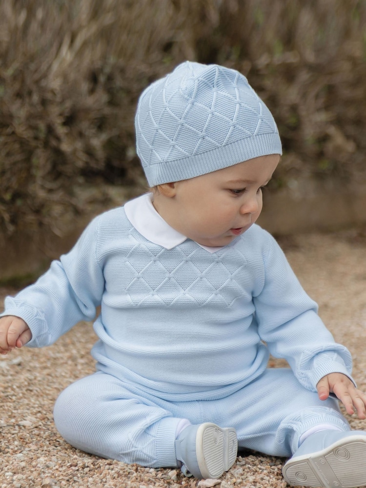 Emile Et Rose Blue Malachi - Knitted Two-Piece with Diamond Design & Hat - Image 1 of 7 Emile Et Rose Blue Malachi - Knitted Two-Piece with Diamond Design & Hat - Image 1 of 7