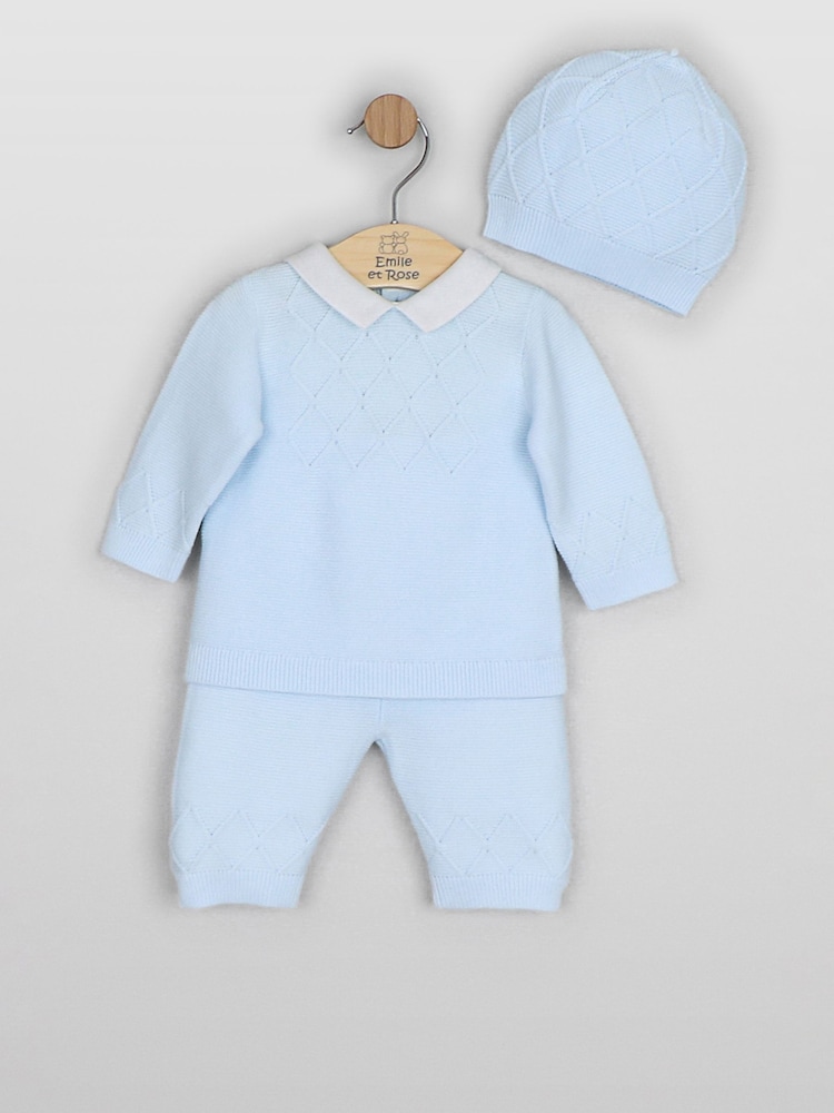 Emile Et Rose Blue Malachi - Knitted Two-Piece with Diamond Design & Hat - Image 2 of 7 Emile Et Rose Blue Malachi - Knitted Two-Piece with Diamond Design & Hat - Image 2 of 7