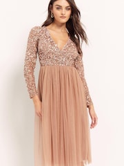 Maya Pink Embellished Wrap Long Sleeve Midi Dress - Image 1 of 4