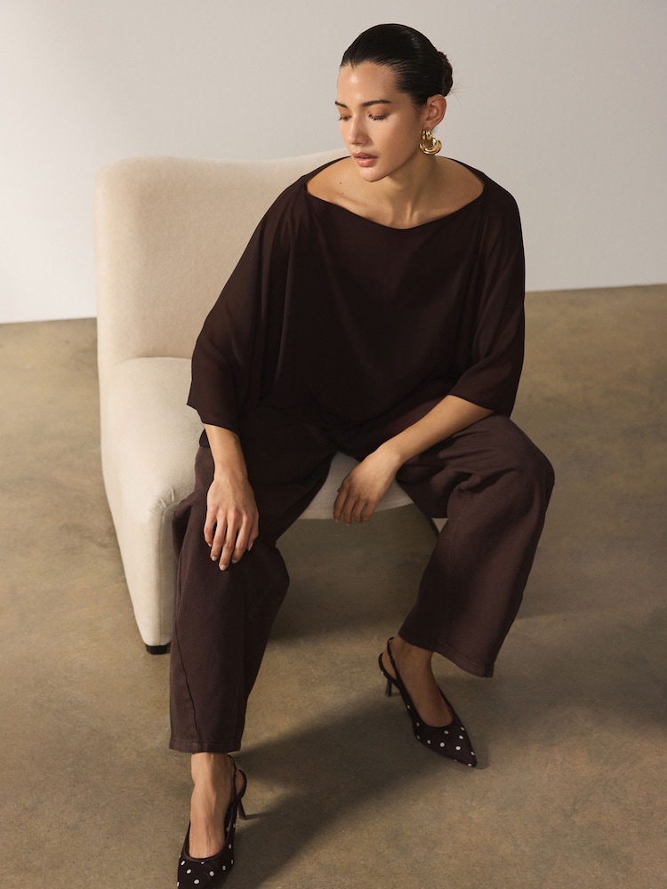 Chocolate Brown Sheer Layer Cape Sleeve Top with Cami - Image 1 of 7 Chocolate Brown Sheer Layer Cape Sleeve Top with Cami - Image 1 of 7