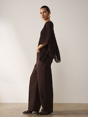 Chocolate Brown Sheer Layer Cape Sleeve Top with Cami - Image 3 of 7