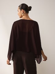 Chocolate Brown Sheer Layer Cape Sleeve Top with Cami - Image 4 of 7